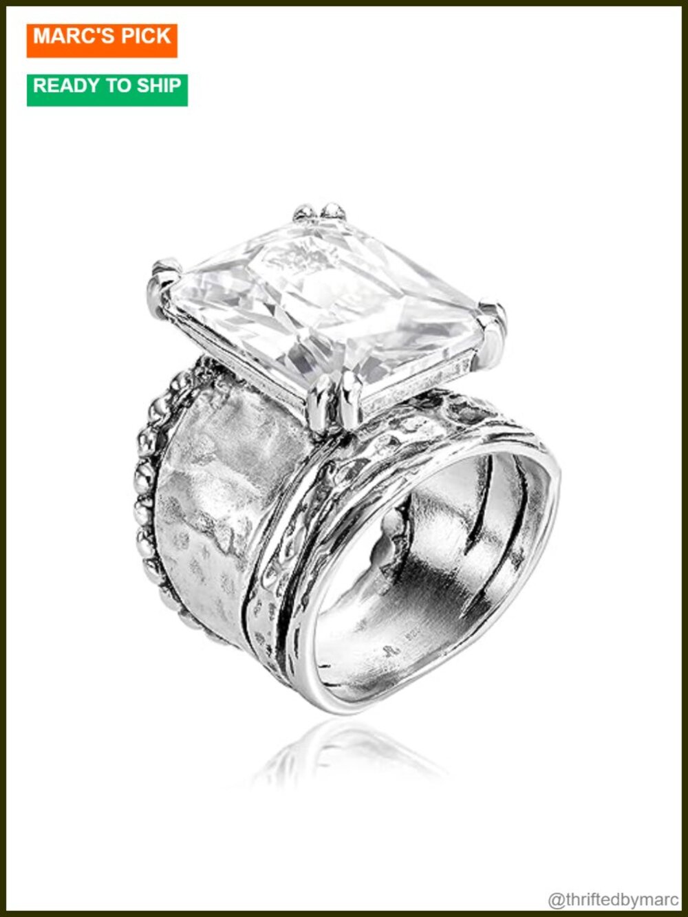 Sterling Silver Statement Ring Octagon Cubic Zirconia Hammered Vintage Size 9